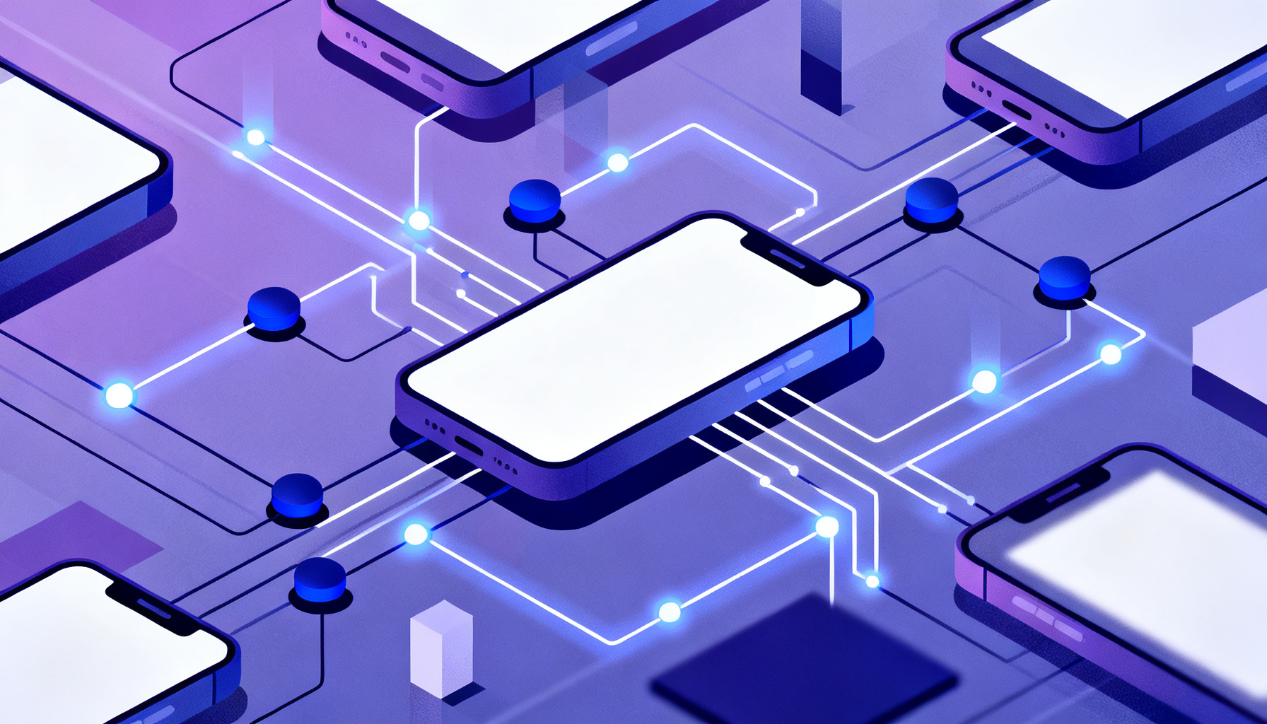 Isometric circuitry and network nodes connected by glowing lines
