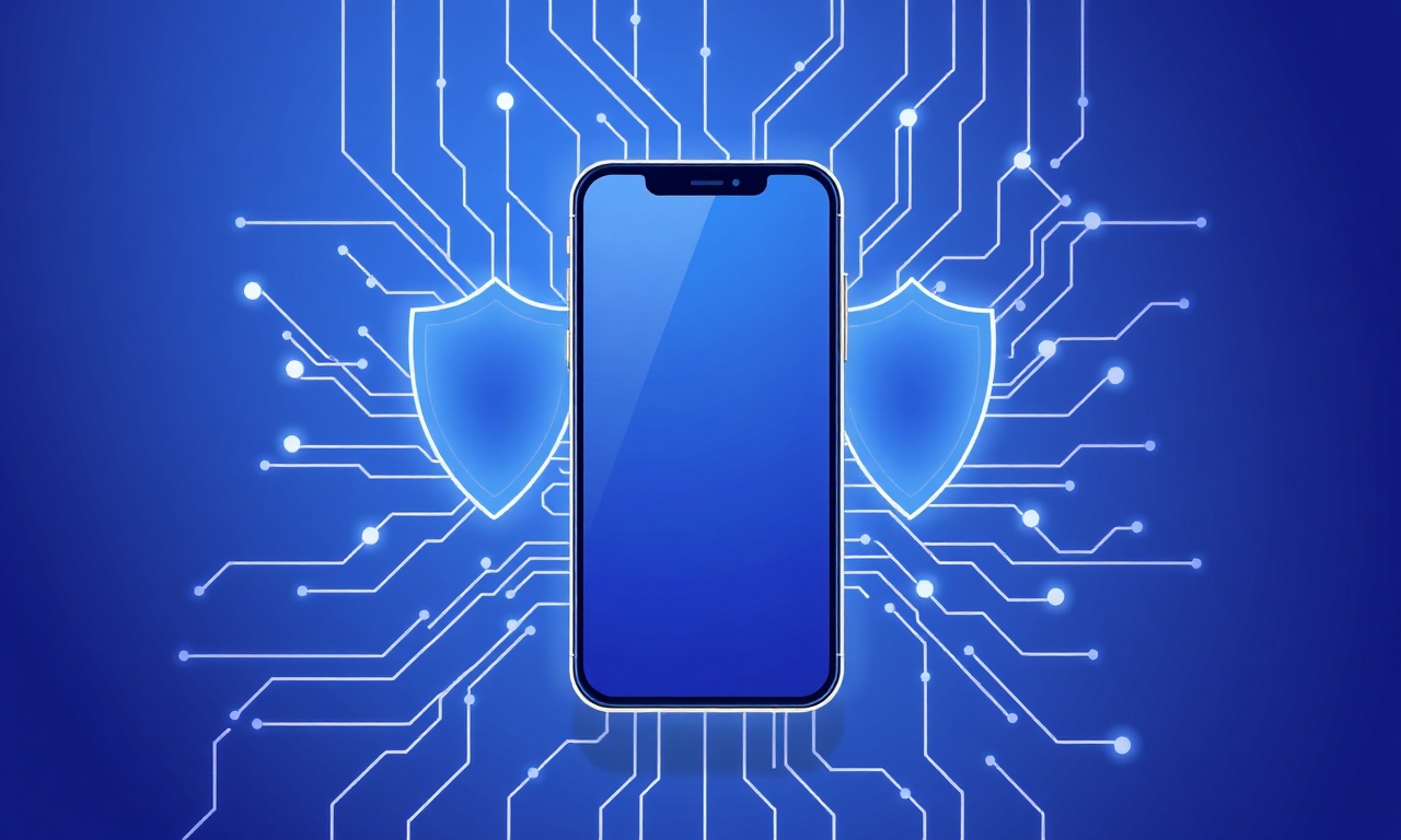 Abstract circuitry with glowing shields representing security