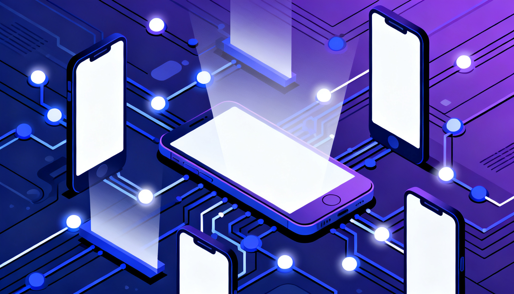 Abstract circuitry and network nodes symbolizing telecom infrastructure