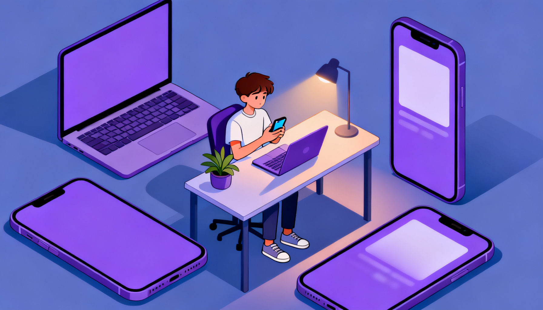 Character at desk with phone and laptop