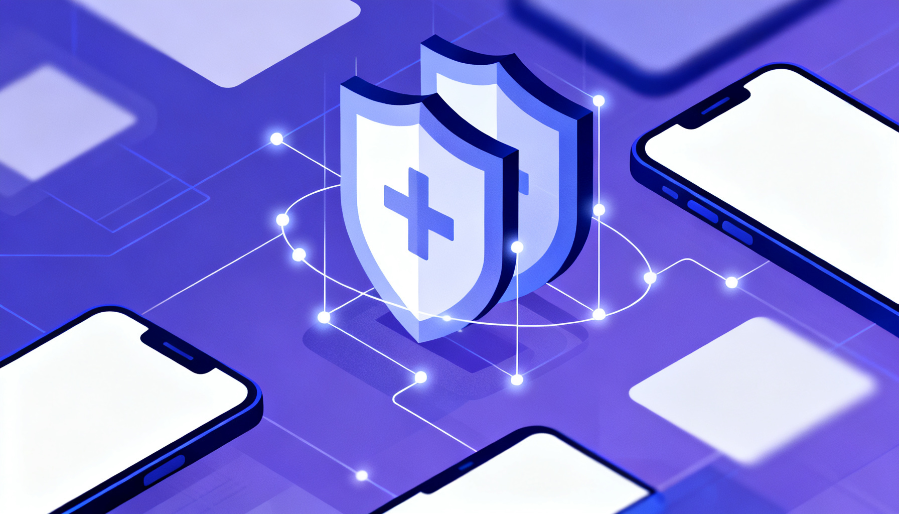 Abstract dual-layer security shields connected by glowing lines