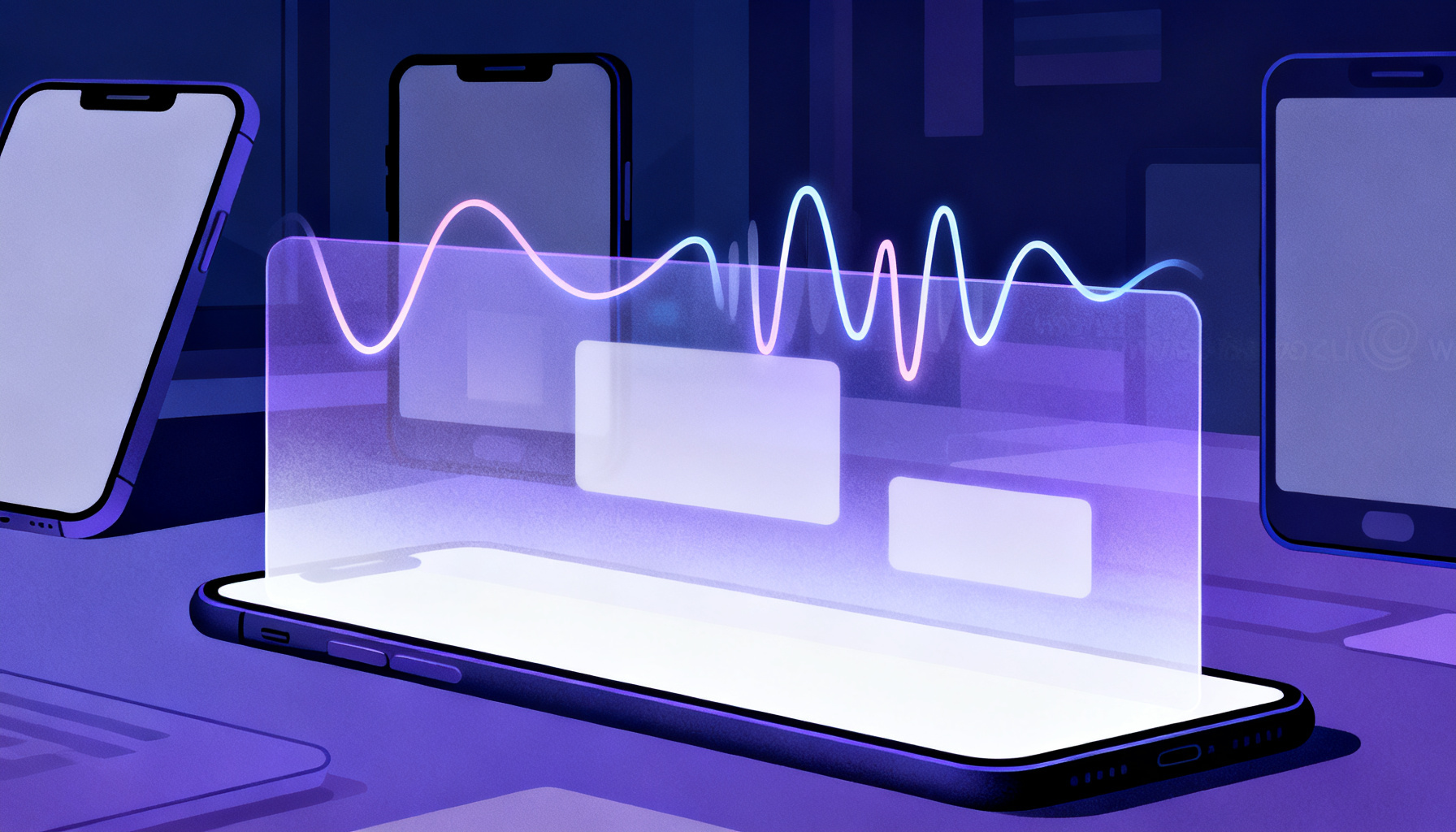 Abstract signal waves blocked by layered glowing barriers