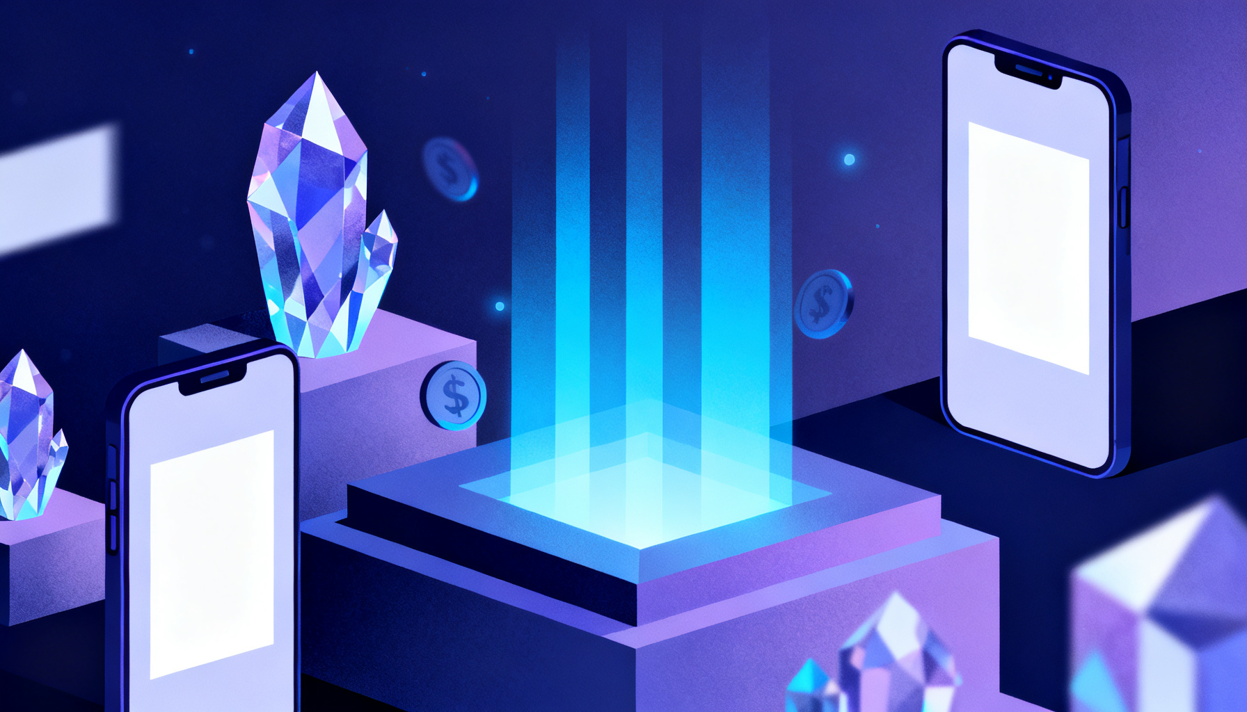 Abstract financial flow with indigo crystalline structures
