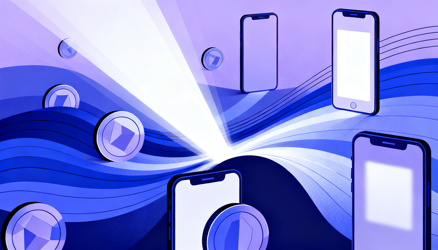 Abstract coins and data streams in glowing beams