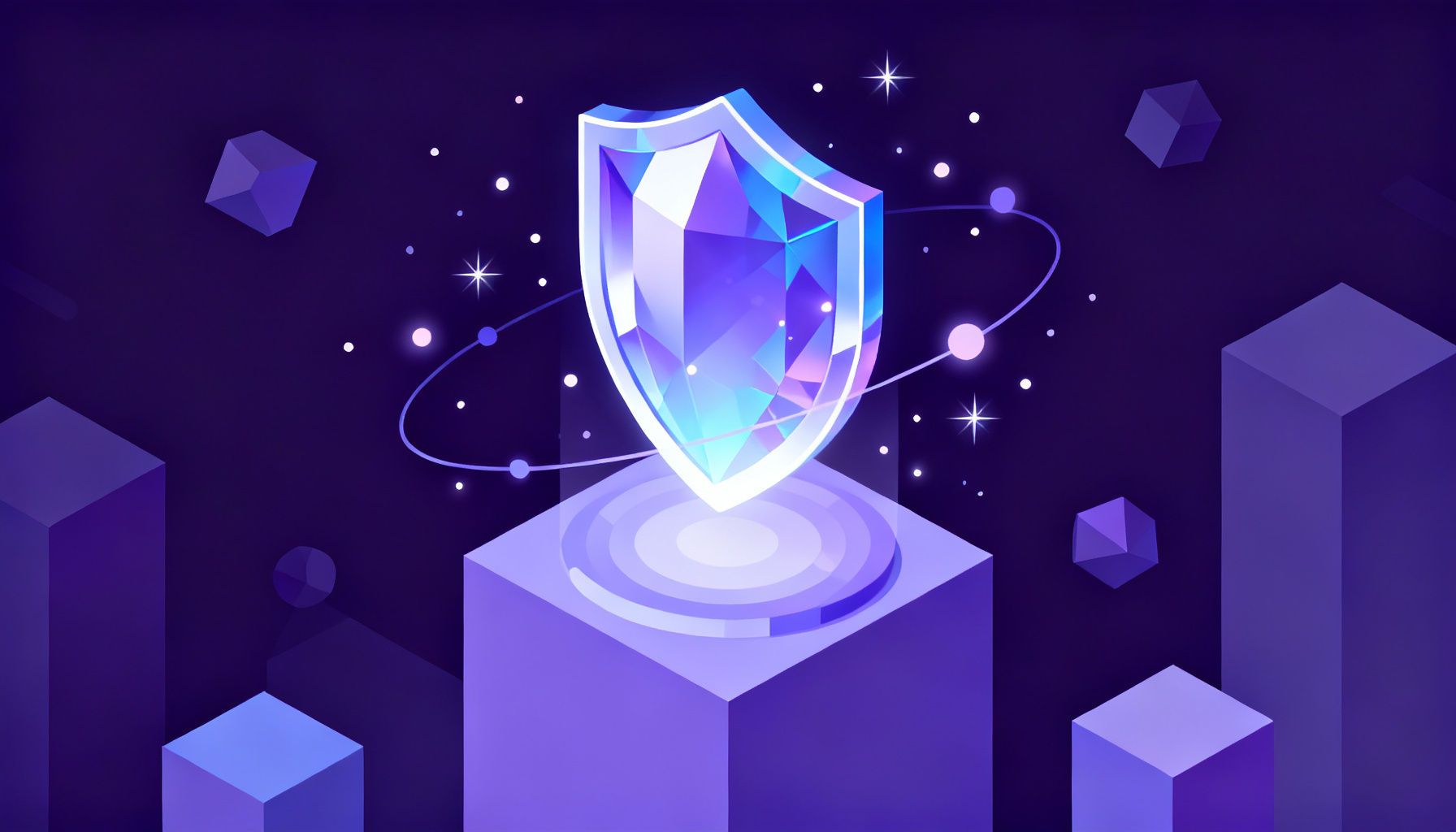 Glowing crystalline shield on abstract pedestal